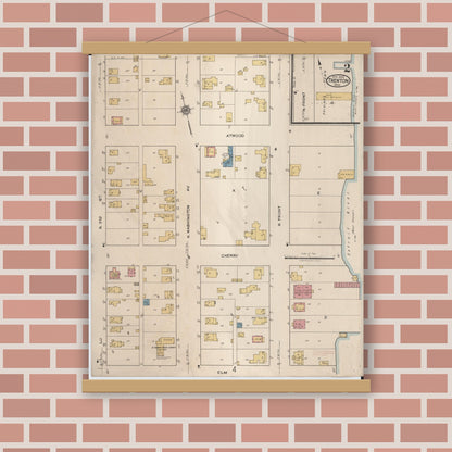 Old map wall art mockup — magnetic wood frame on brick wall — Sanborn Fire Insurance Map from Trenton, Wayne County, Michigan (1922), Sheet #0002