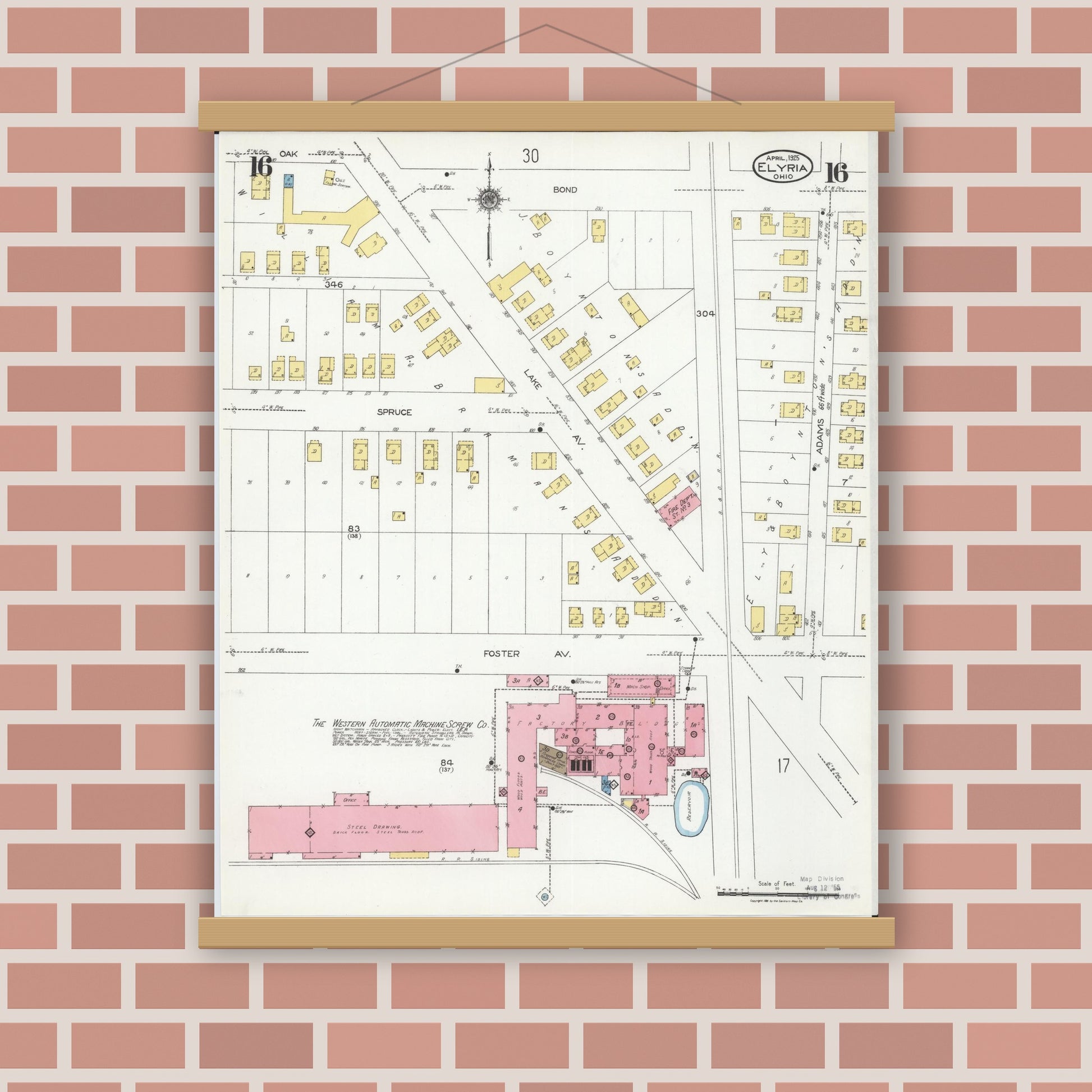 Old map wall art mockup — magnetic wood frame on brick wall — Sanborn Fire Insurance Map from Elyria, Lorain County, Ohio (1925), Sheet #0016
