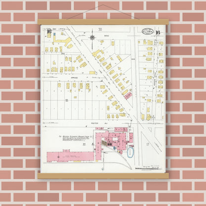 Old map wall art mockup — magnetic wood frame on brick wall — Sanborn Fire Insurance Map from Elyria, Lorain County, Ohio (1925), Sheet #0016