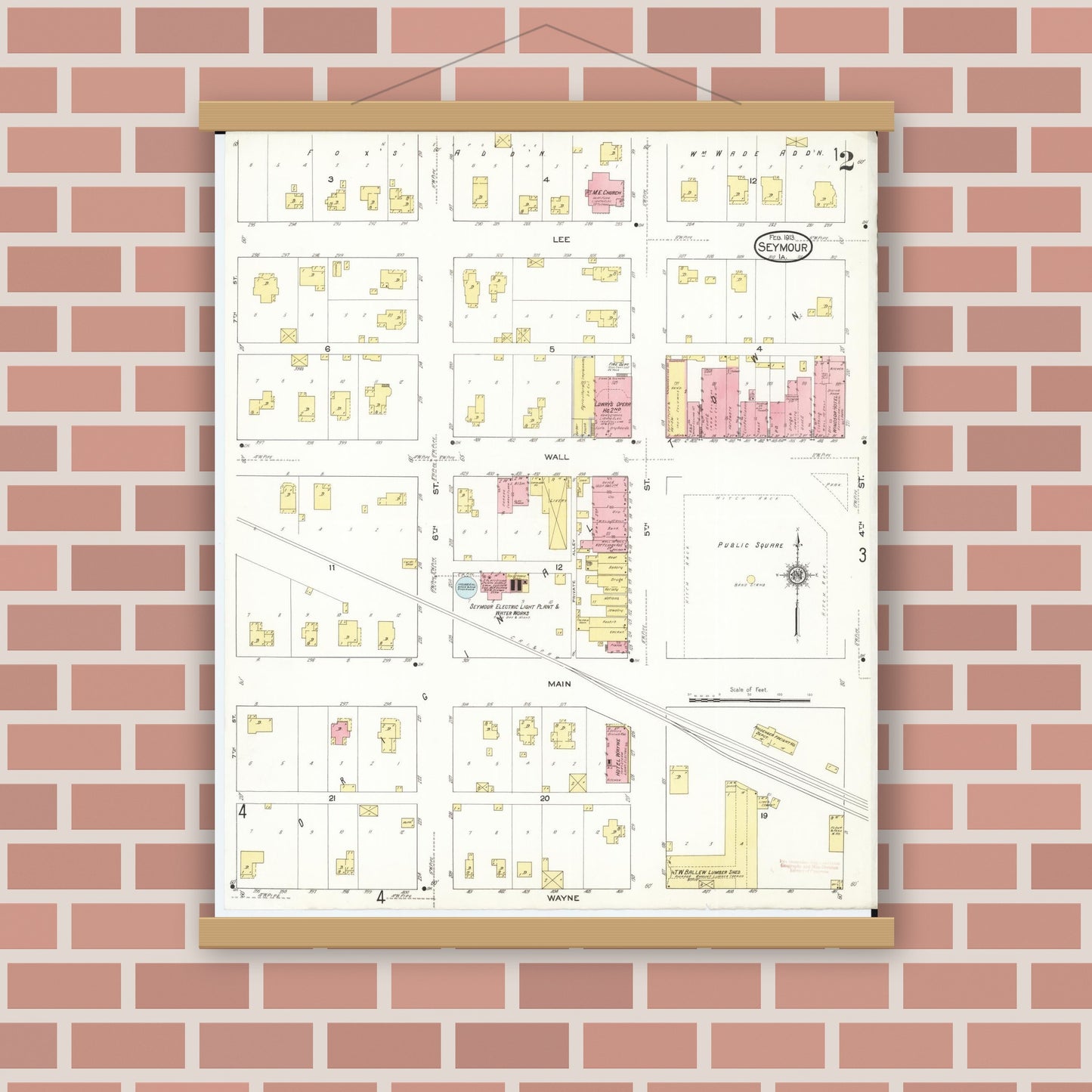 Old map wall art mockup — magnetic wood frame on brick wall — Sanborn Fire Insurance Map from Seymour, Wayne County, Iowa (1913), Sheet #0002