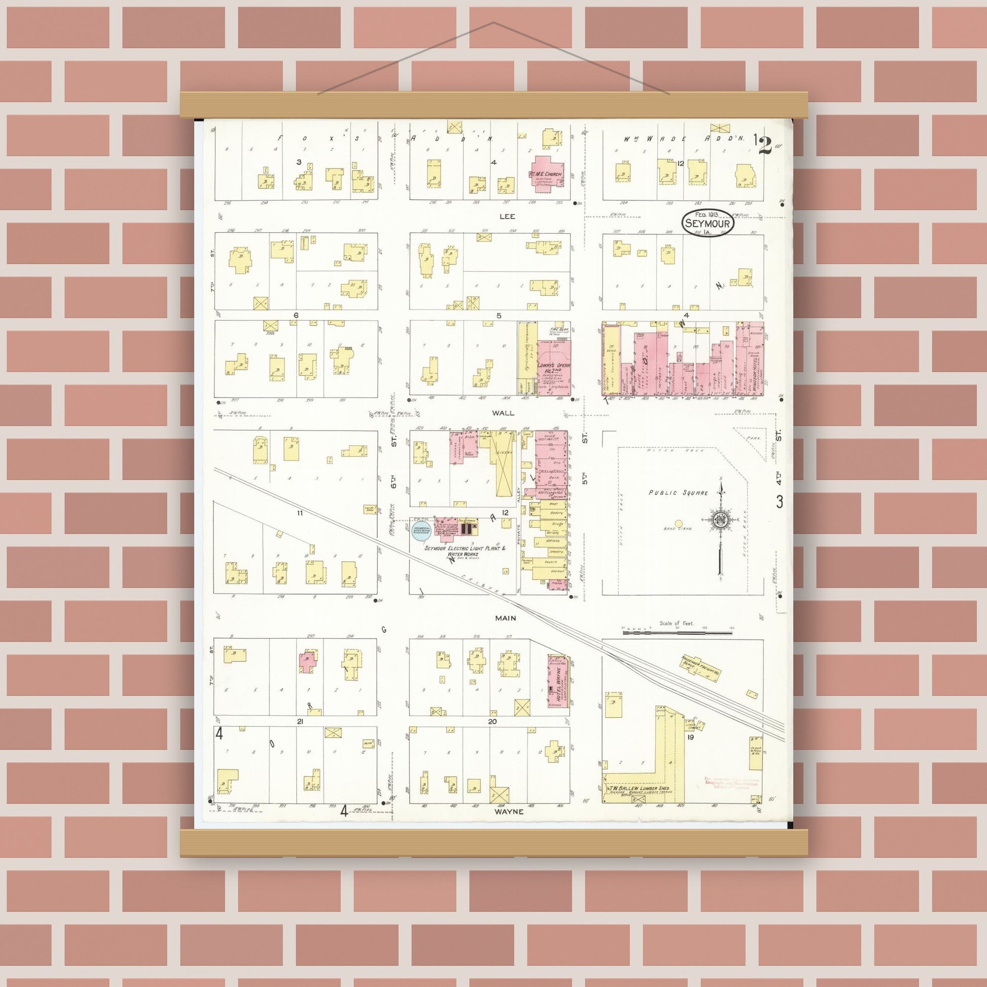 Old map wall art mockup — magnetic wood frame on brick wall — Sanborn Fire Insurance Map from Seymour, Wayne County, Iowa (1913), Sheet #0002