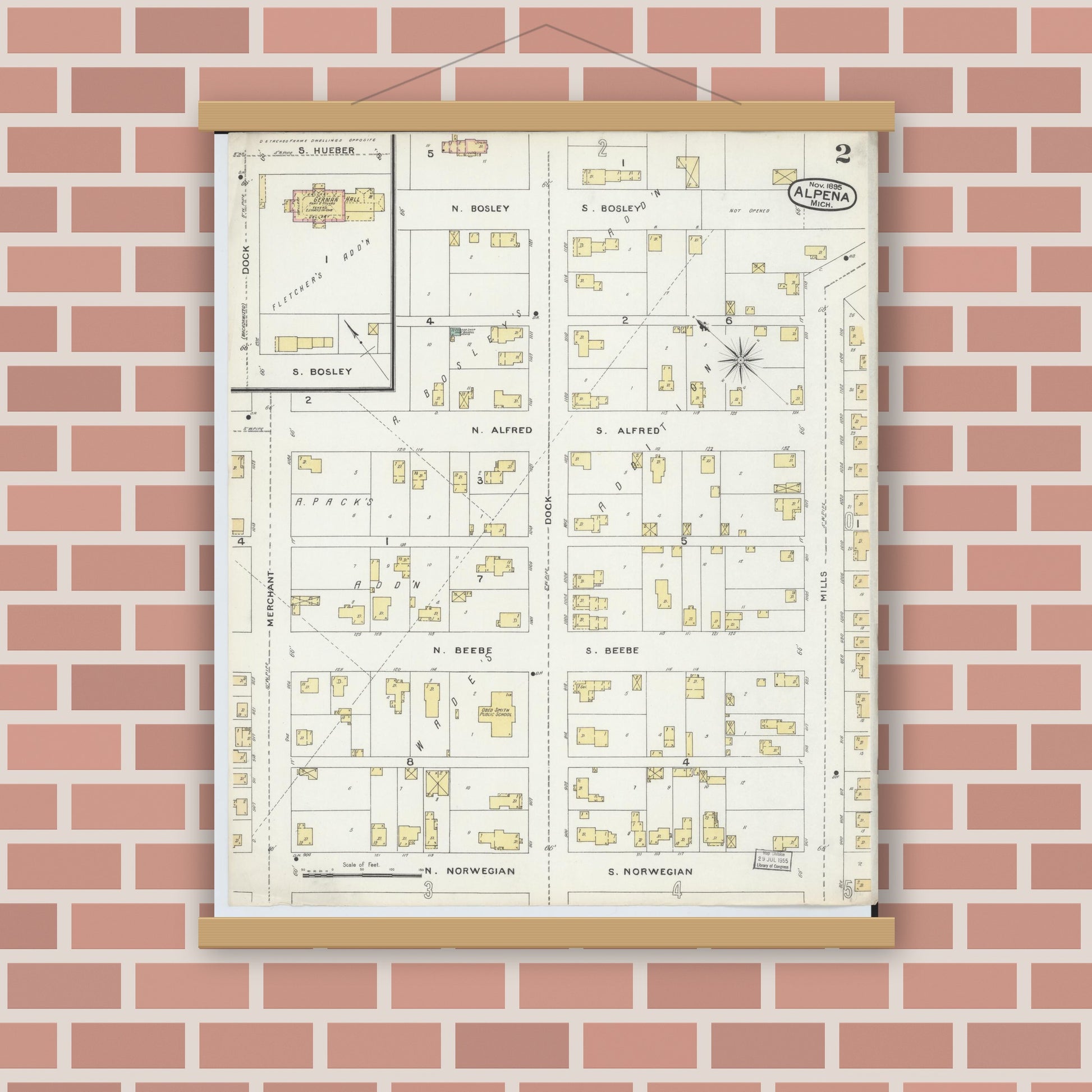 Old map wall art mockup — magnetic wood frame on brick wall — Sanborn Fire Insurance Map from Alpena, Alpena County, Michigan (1895), Sheet #0002