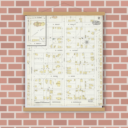 Old map wall art mockup — magnetic wood frame on brick wall — Sanborn Fire Insurance Map from Alpena, Alpena County, Michigan (1895), Sheet #0002