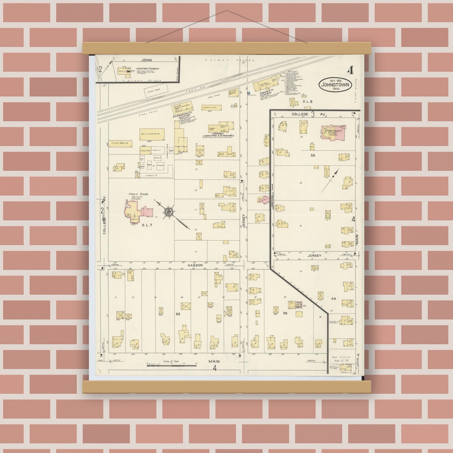 Old map wall art mockup — magnetic wood frame on brick wall — Sanborn Fire Insurance Map from Johnstown, Licking County, Ohio (1913), Sheet #0004