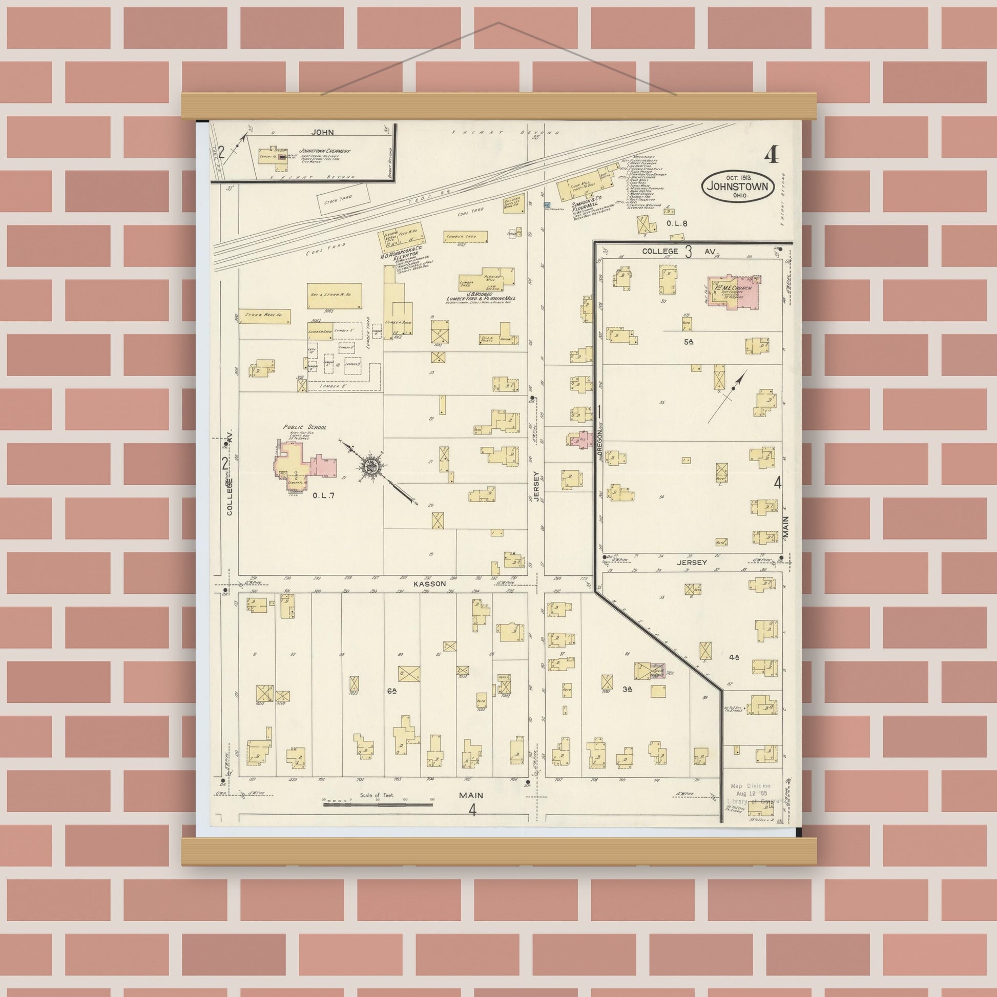 Old map wall art mockup — magnetic wood frame on brick wall — Sanborn Fire Insurance Map from Johnstown, Licking County, Ohio (1913), Sheet #0004
