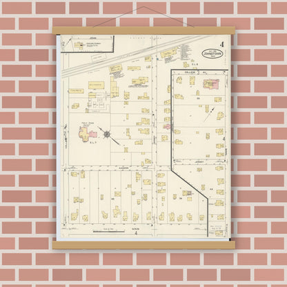 Old map wall art mockup — magnetic wood frame on brick wall — Sanborn Fire Insurance Map from Johnstown, Licking County, Ohio (1913), Sheet #0004