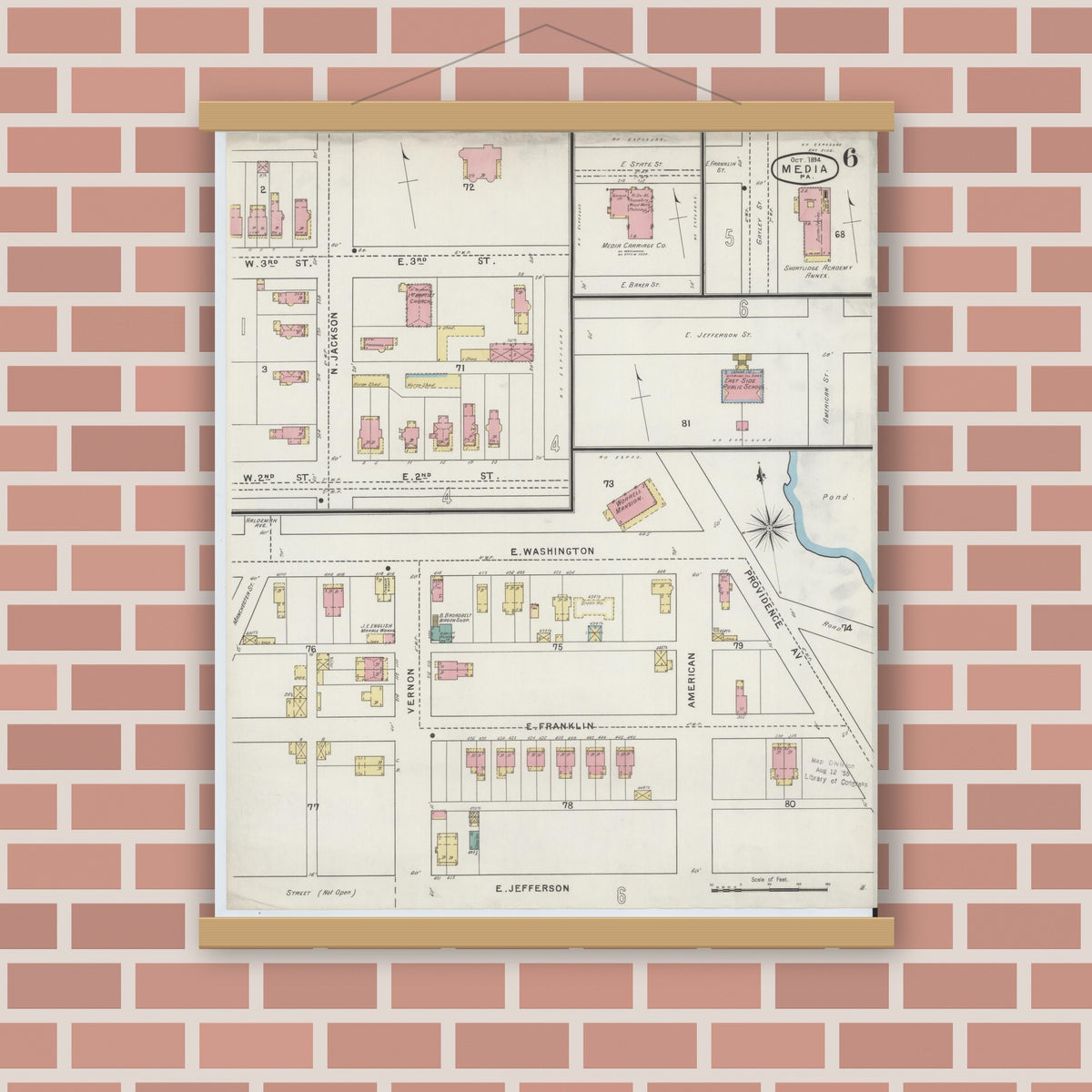 Old map wall art mockup — magnetic wood frame on brick wall — Sanborn Fire Insurance Map from Media, Delaware County, Pennsylvania (1894), Sheet #0006