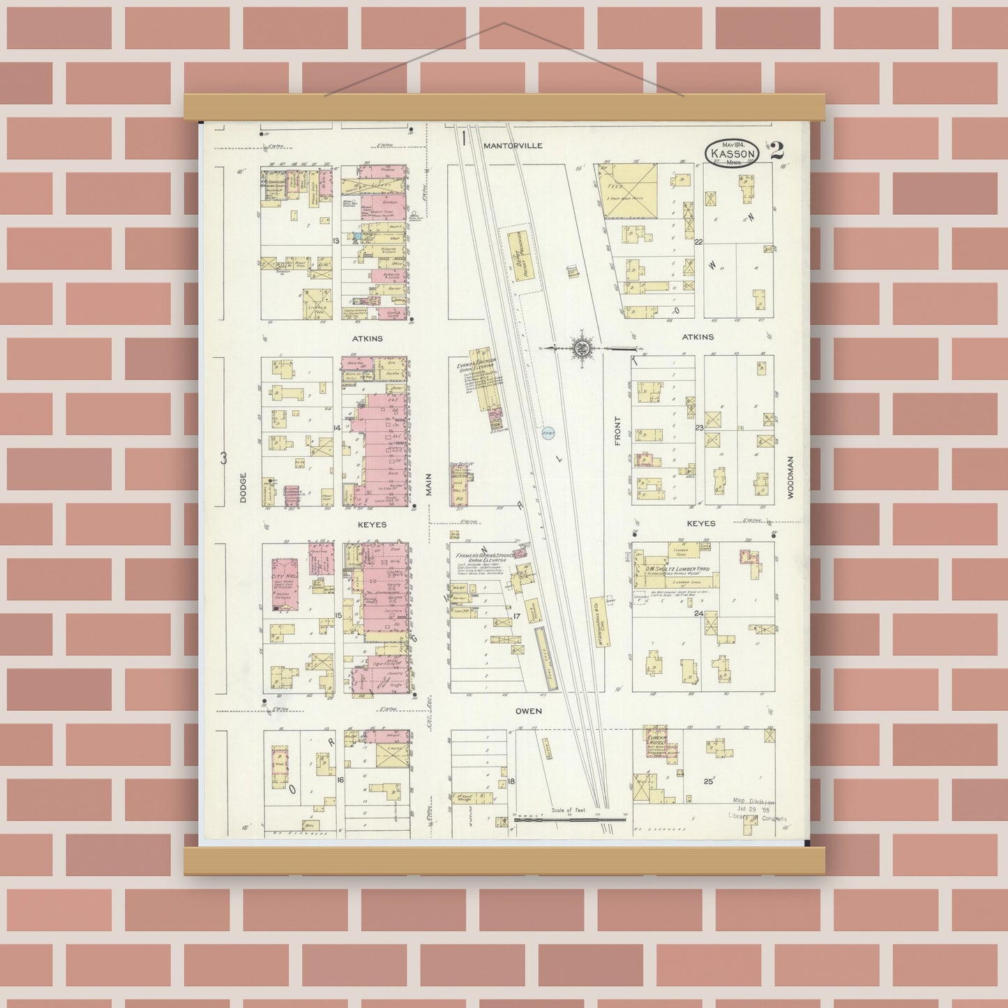 Old map wall art mockup — magnetic wood frame on brick wall — Sanborn Fire Insurance Map from Kasson, Dodge County, Minnesota (1914), Sheet #0002