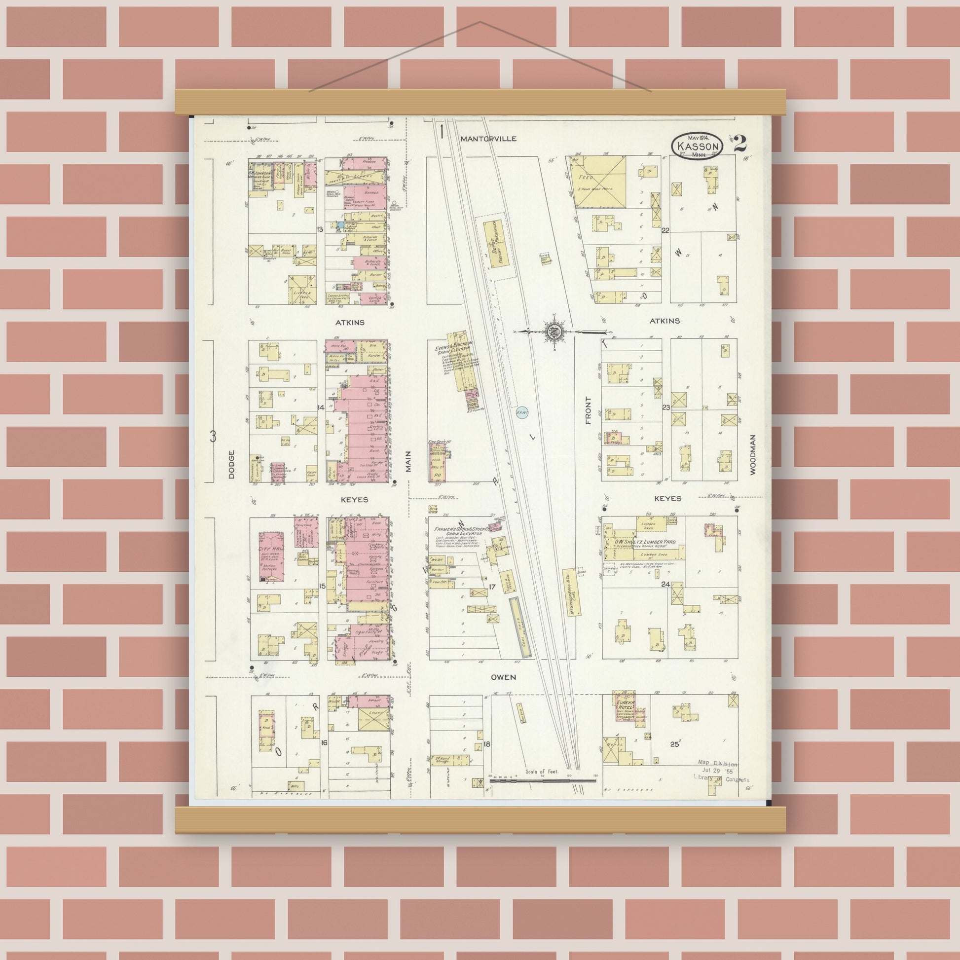 Old map wall art mockup — magnetic wood frame on brick wall — Sanborn Fire Insurance Map from Kasson, Dodge County, Minnesota (1914), Sheet #0002