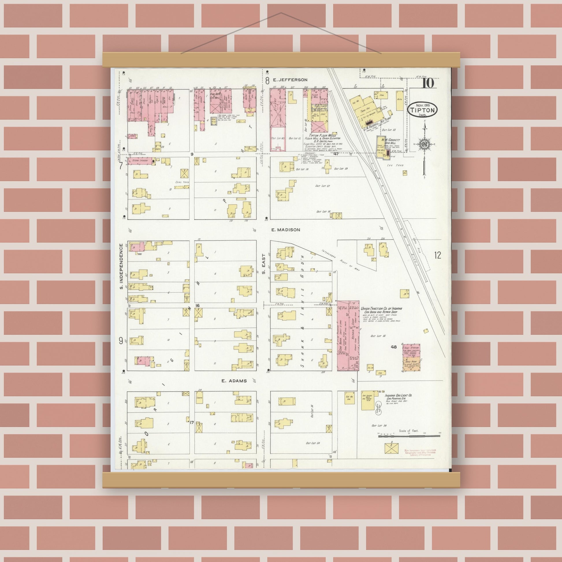 Old map wall art mockup — magnetic wood frame on brick wall — Sanborn Fire Insurance Map from Tipton, Tipton County, Indiana (1915), Sheet #0010