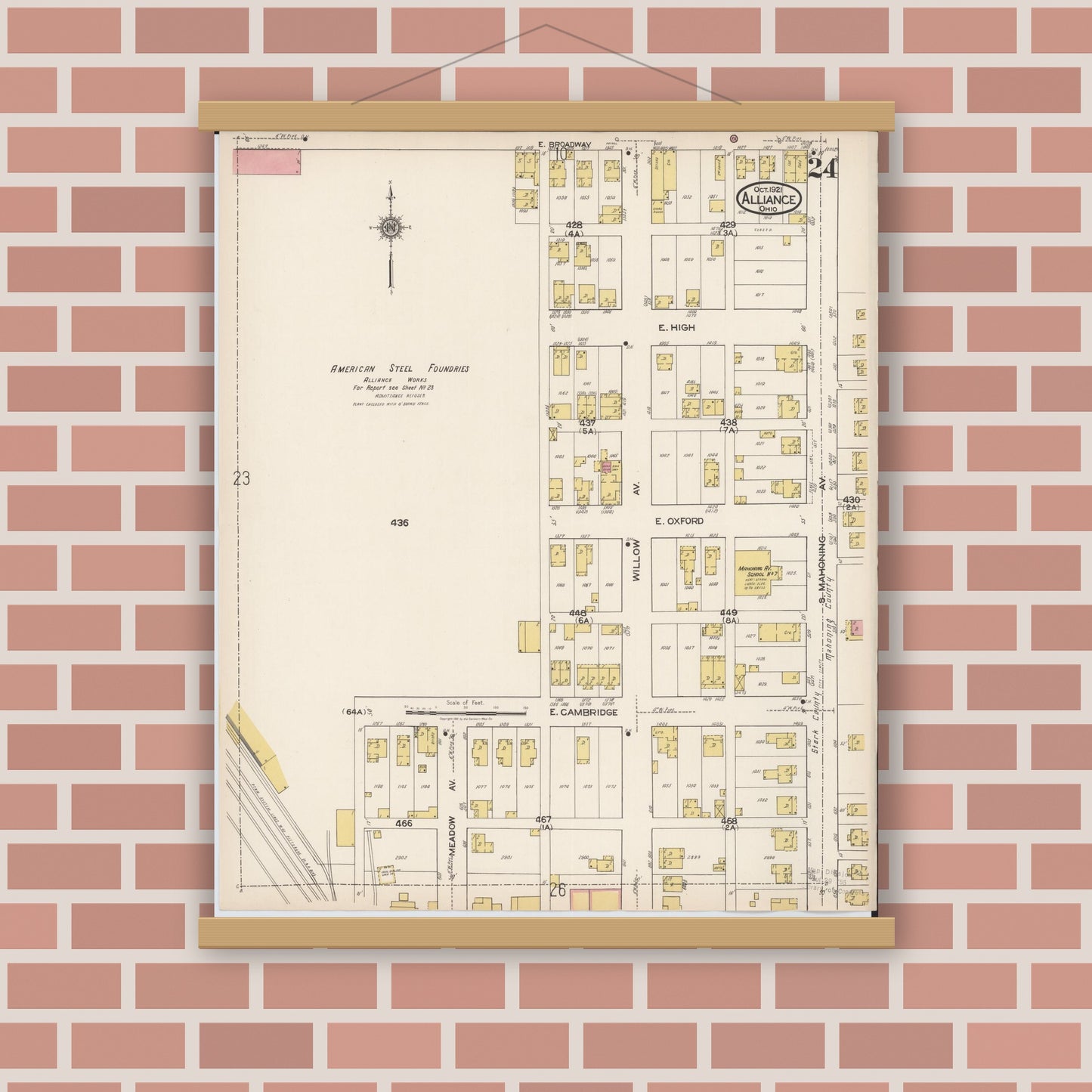 Old map wall art mockup — magnetic wood frame on brick wall — Sanborn Fire Insurance Map from Alliance, Stark County, Ohio (1921), Sheet #0024