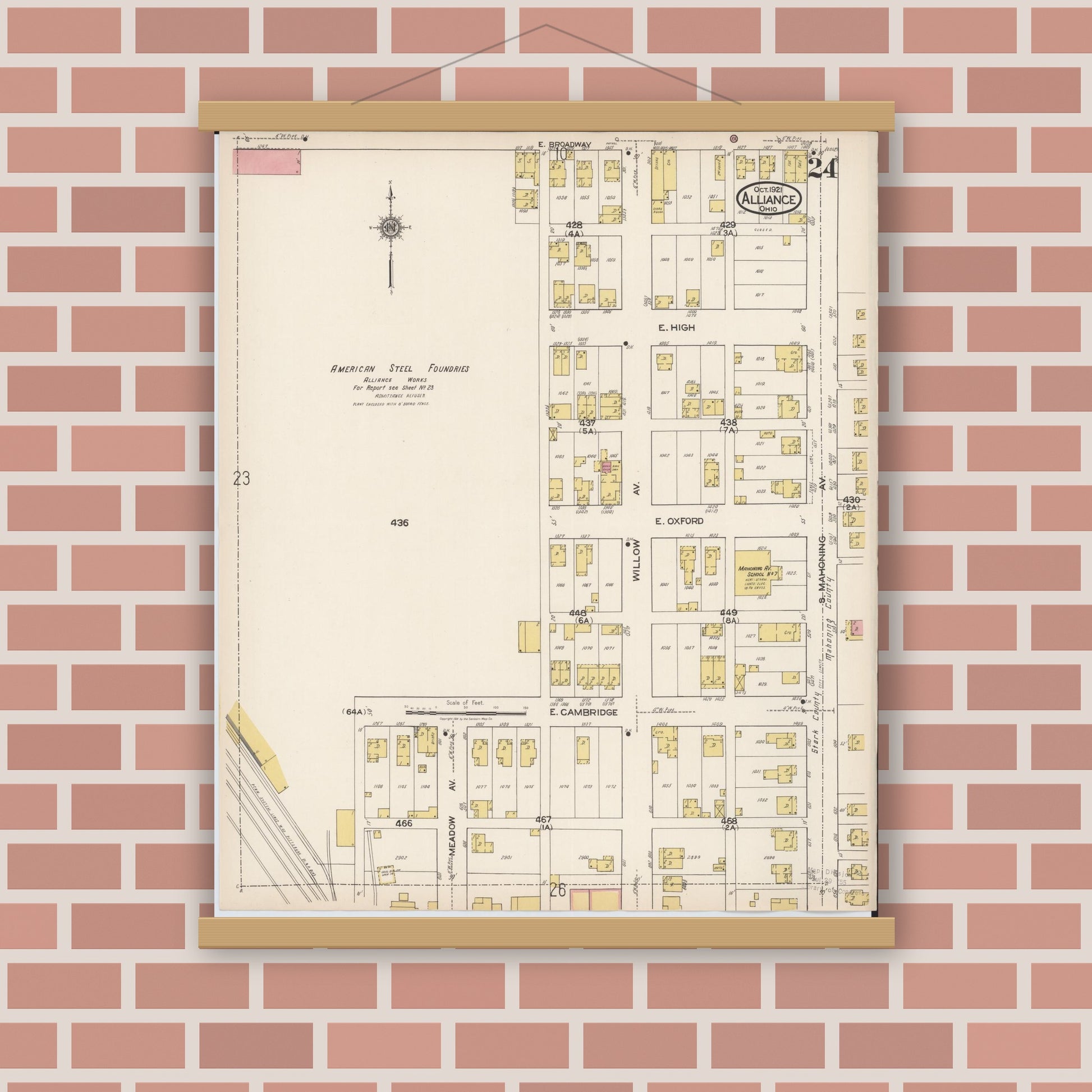 Old map wall art mockup — magnetic wood frame on brick wall — Sanborn Fire Insurance Map from Alliance, Stark County, Ohio (1921), Sheet #0024