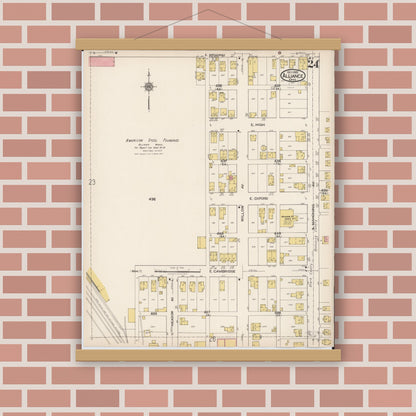 Old map wall art mockup — magnetic wood frame on brick wall — Sanborn Fire Insurance Map from Alliance, Stark County, Ohio (1921), Sheet #0024