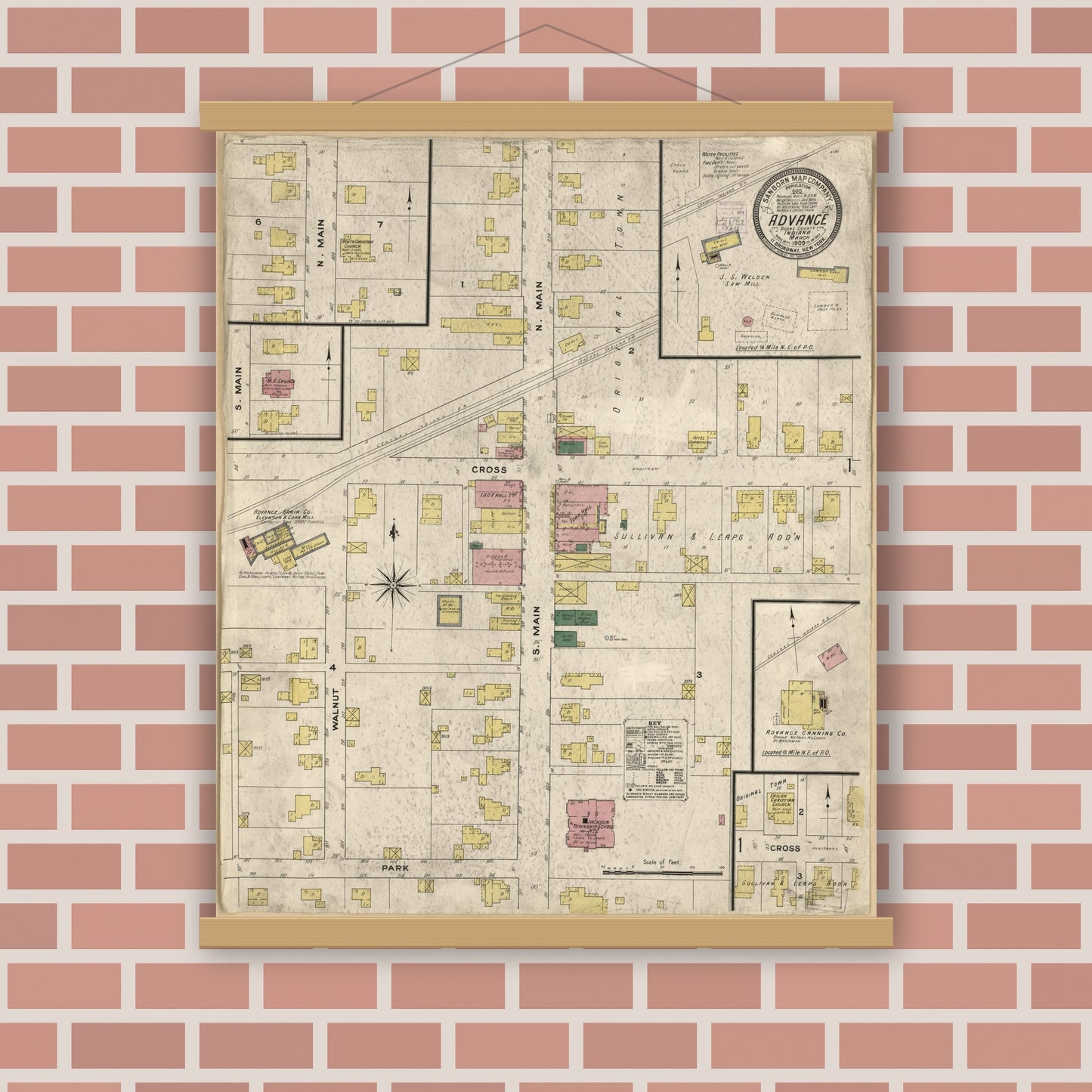 Old map wall art mockup — magnetic wood frame on brick wall — Sanborn Fire Insurance Map from Advance, Boone County, Indiana (1909), Sheet #0001