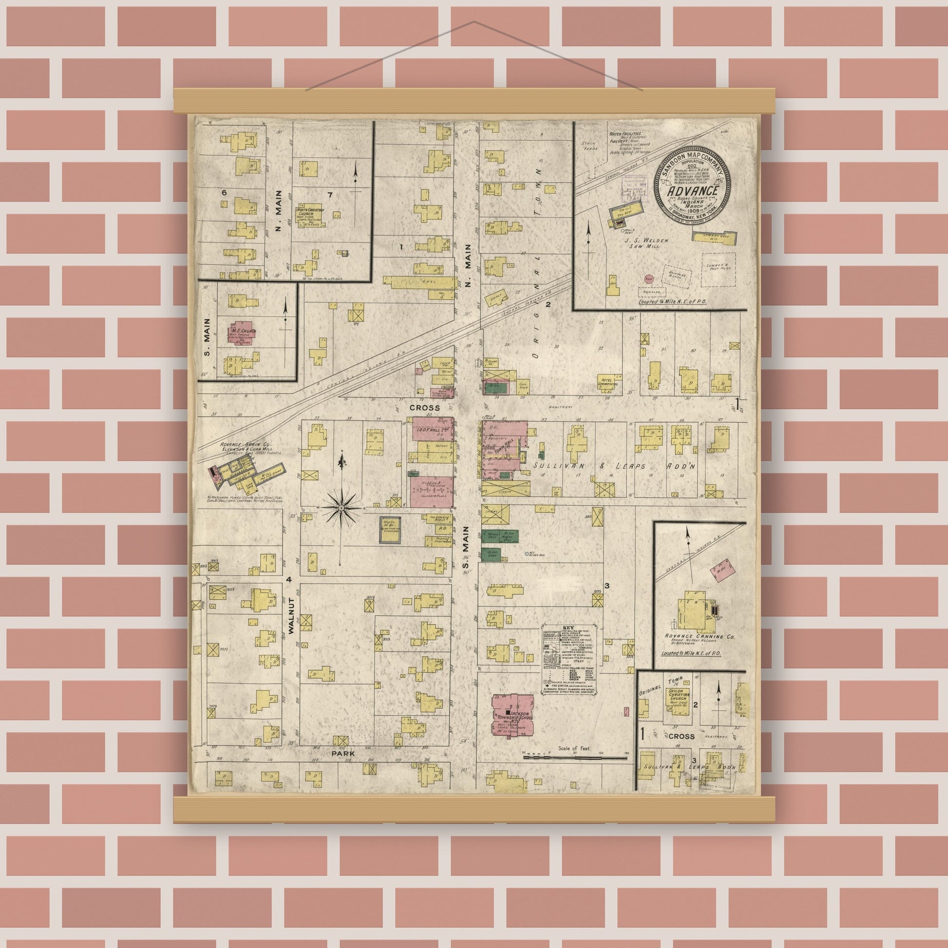 Old map wall art mockup — magnetic wood frame on brick wall — Sanborn Fire Insurance Map from Advance, Boone County, Indiana (1909), Sheet #0001