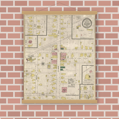Old map wall art mockup — magnetic wood frame on brick wall — Sanborn Fire Insurance Map from Advance, Boone County, Indiana (1909), Sheet #0001