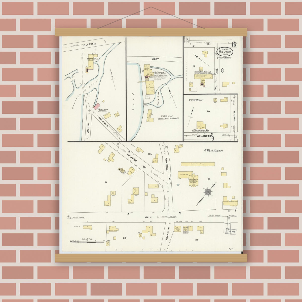 Old map wall art mockup — magnetic wood frame on brick wall — Sanborn Fire Insurance Map from Medway, Norfolk County, Massachusetts (1910), Sheet #0006