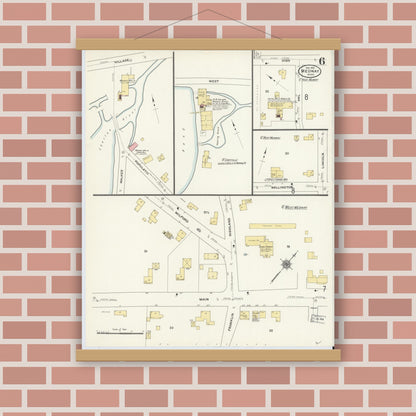 Old map wall art mockup — magnetic wood frame on brick wall — Sanborn Fire Insurance Map from Medway, Norfolk County, Massachusetts (1910), Sheet #0006