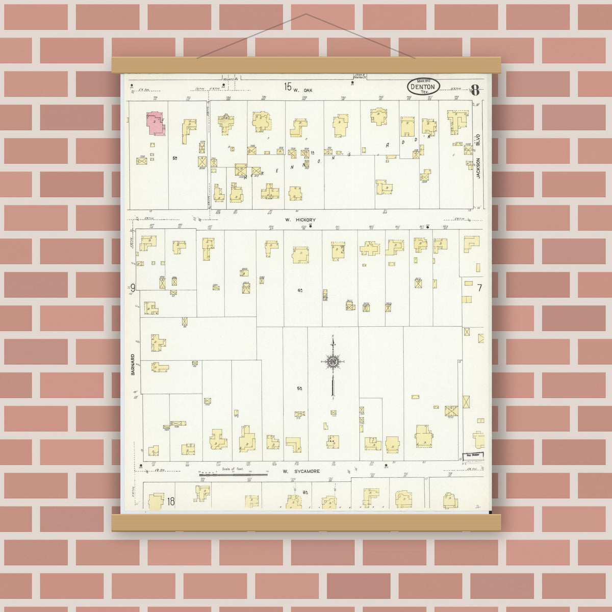 Old map wall art mockup — magnetic wood frame on brick wall — Sanborn Fire Insurance Map from Denton, Denton County, Texas (1912), Sheet #0008