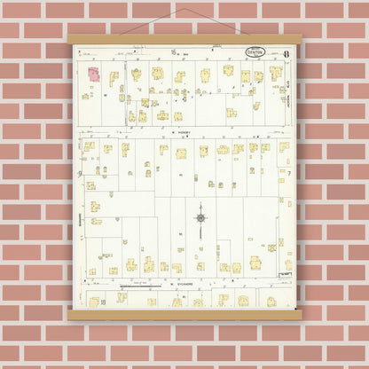 Old map wall art mockup — magnetic wood frame on brick wall — Sanborn Fire Insurance Map from Denton, Denton County, Texas (1912), Sheet #0008