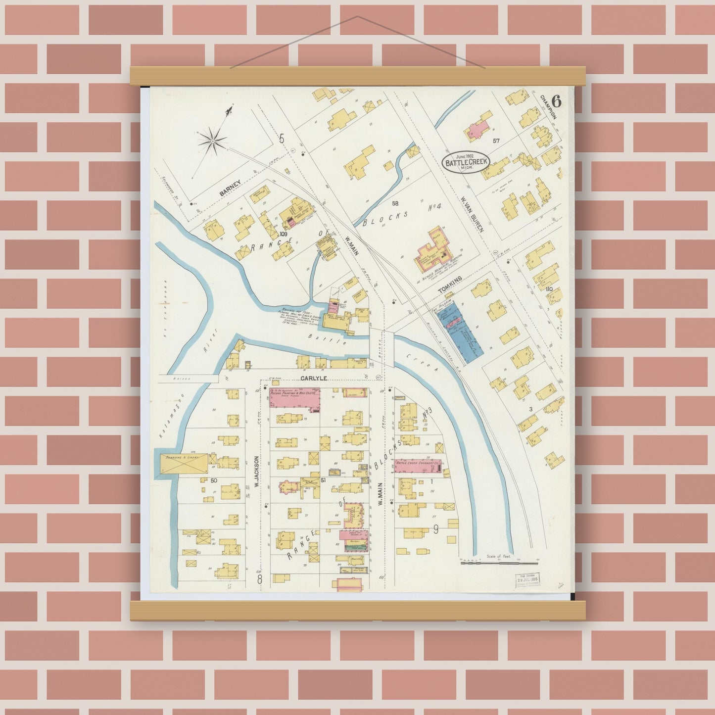 Old map wall art mockup — magnetic wood frame on brick wall — Sanborn Fire Insurance Map from Battle Creek, Calhoun County, Michigan (1902), Sheet #0006