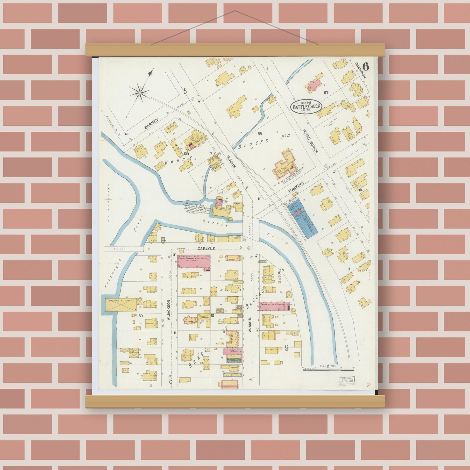 Old map wall art mockup — magnetic wood frame on brick wall — Sanborn Fire Insurance Map from Battle Creek, Calhoun County, Michigan (1902), Sheet #0006