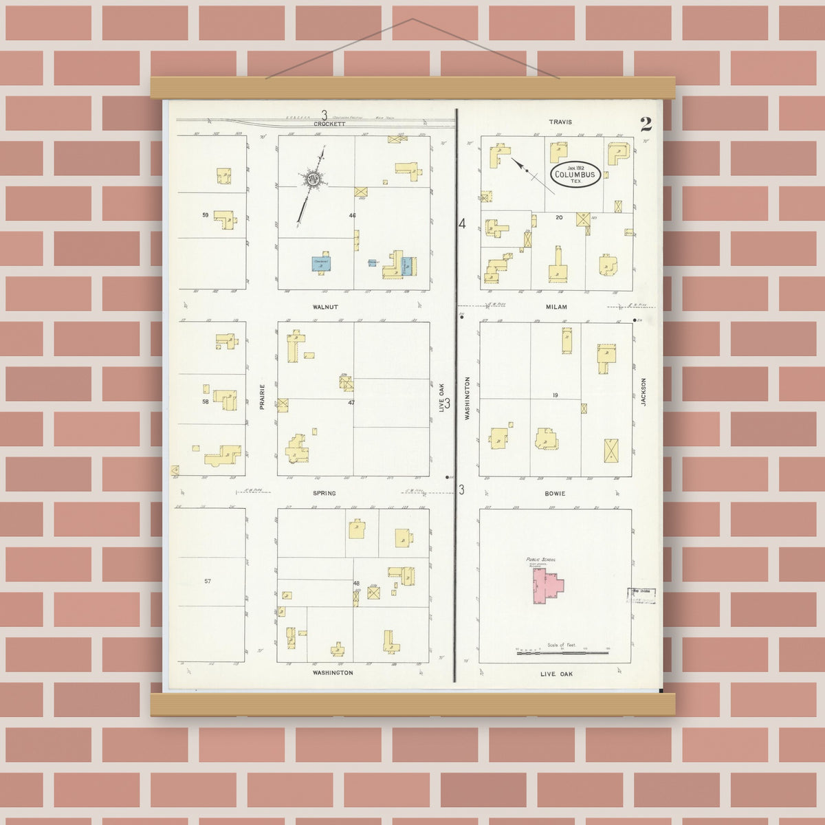 Old map wall art mockup — magnetic wood frame on brick wall — Sanborn Fire Insurance Map from Columbus, Colorado County, Texas (1912), Sheet #0002