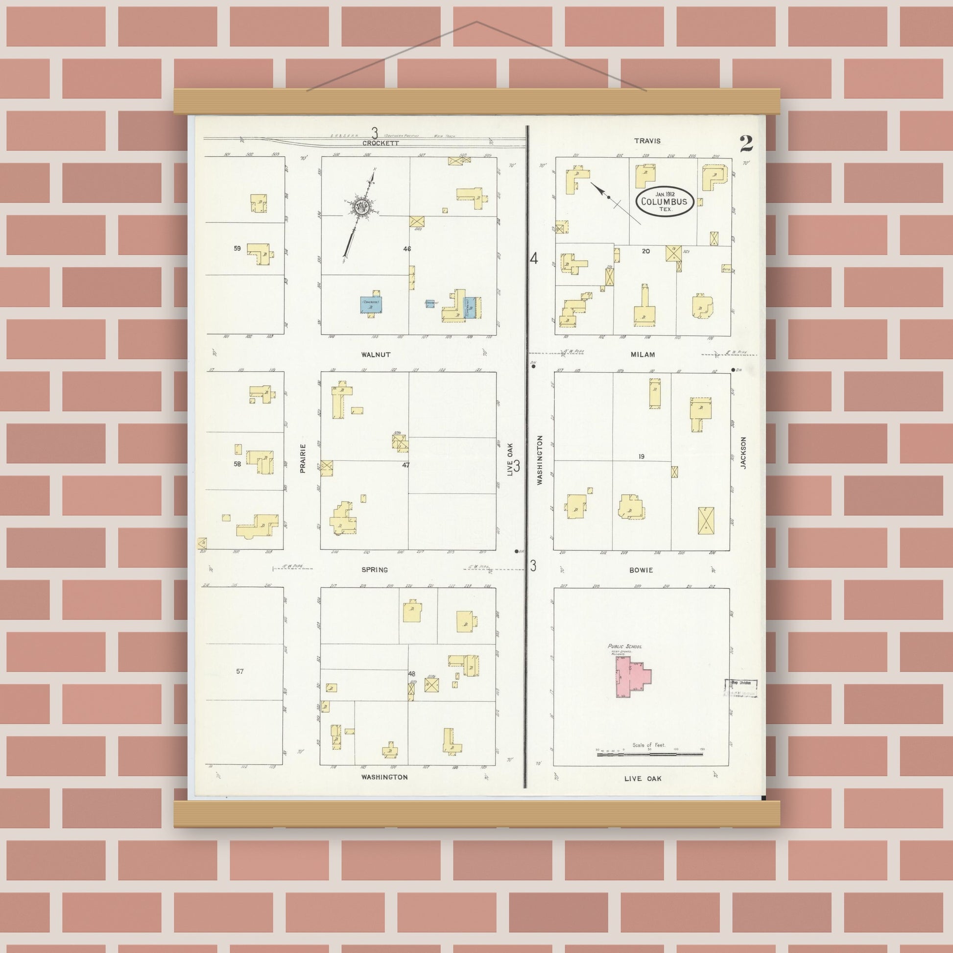 Old map wall art mockup — magnetic wood frame on brick wall — Sanborn Fire Insurance Map from Columbus, Colorado County, Texas (1912), Sheet #0002