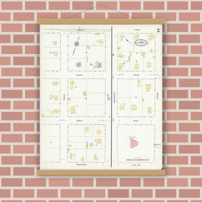 Old map wall art mockup — magnetic wood frame on brick wall — Sanborn Fire Insurance Map from Columbus, Colorado County, Texas (1912), Sheet #0002