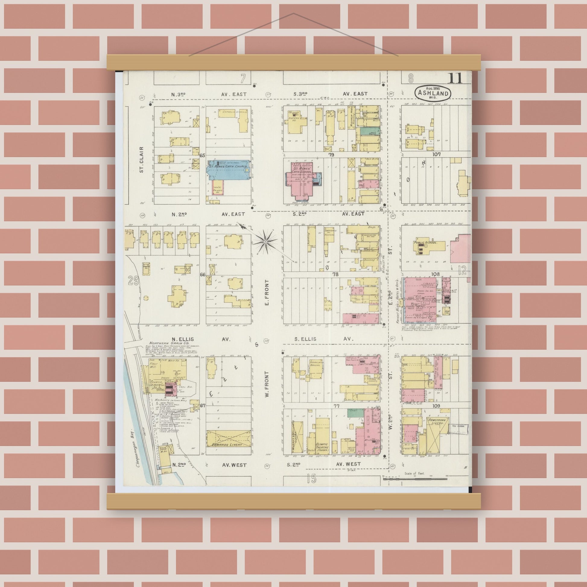 Old map wall art mockup — magnetic wood frame on brick wall — Sanborn Fire Insurance Map from Ashland, Ashland County, Wisconsin (1895), Sheet #0011