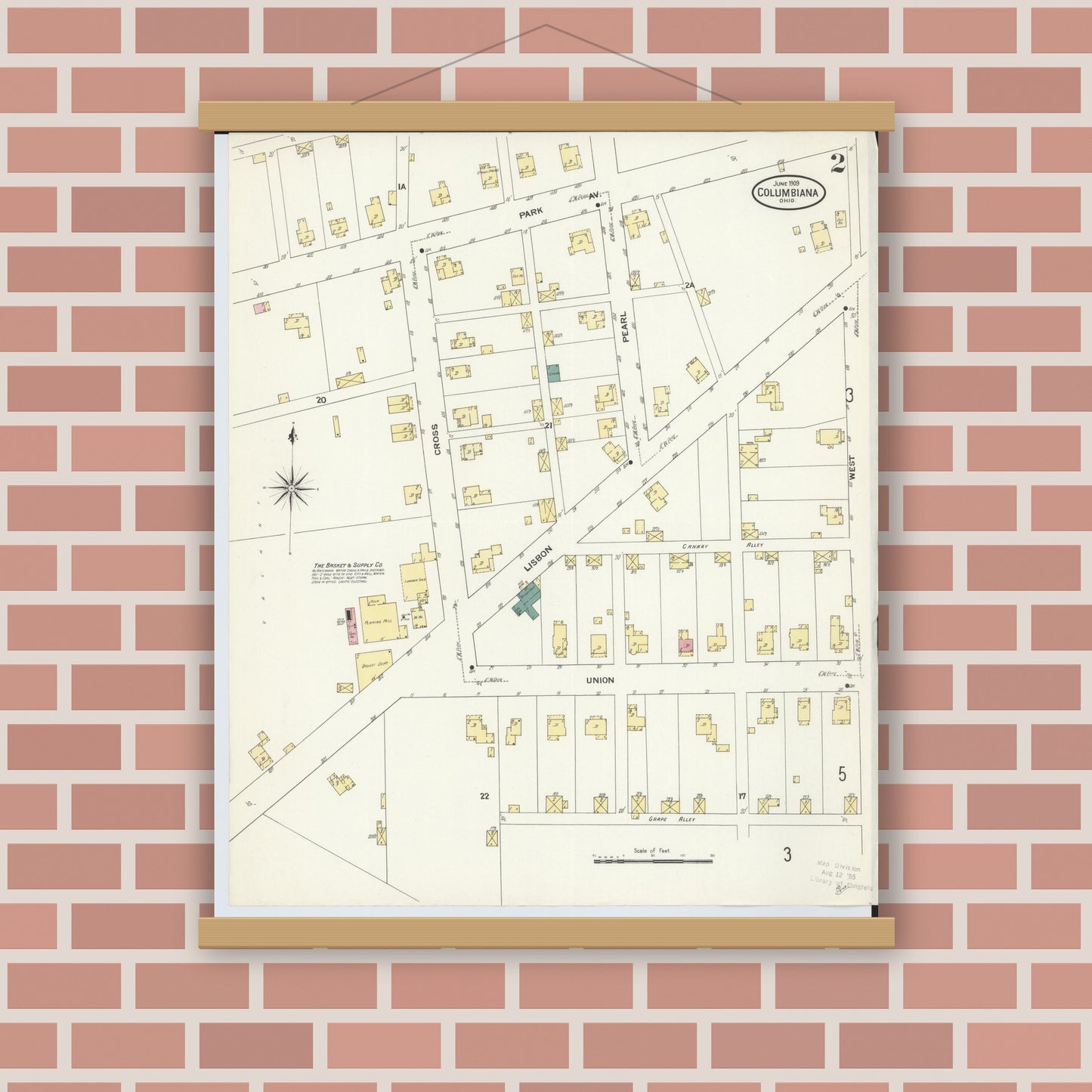 Old map wall art mockup — magnetic wood frame on brick wall — Sanborn Fire Insurance Map from Columbiana, Columbiana County, Ohio (1909), Sheet #0002