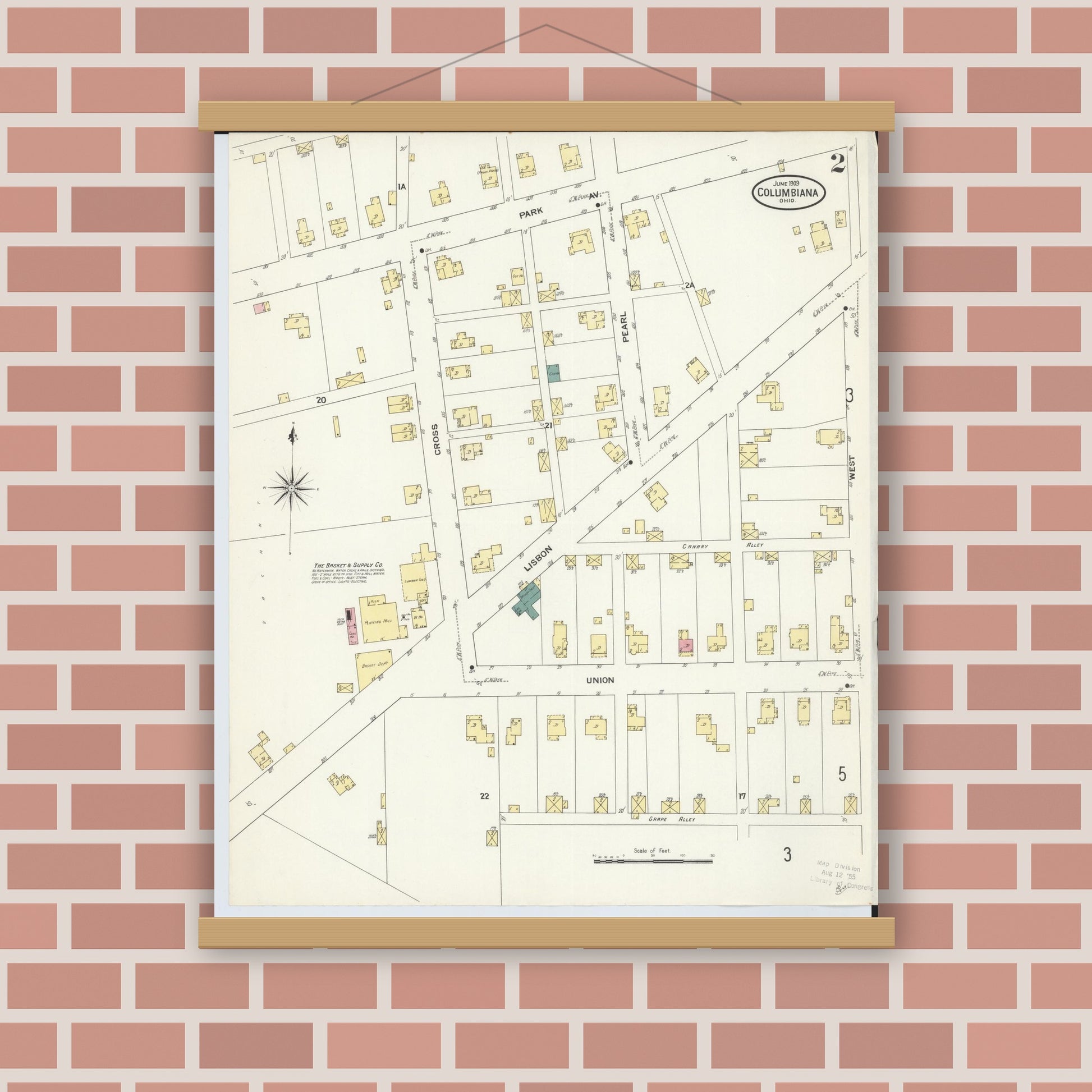 Old map wall art mockup — magnetic wood frame on brick wall — Sanborn Fire Insurance Map from Columbiana, Columbiana County, Ohio (1909), Sheet #0002