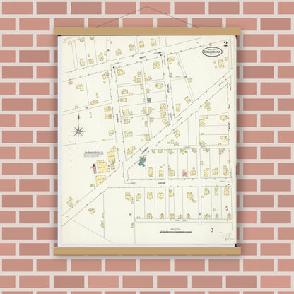 Old map wall art mockup — magnetic wood frame on brick wall — Sanborn Fire Insurance Map from Columbiana, Columbiana County, Ohio (1909), Sheet #0002