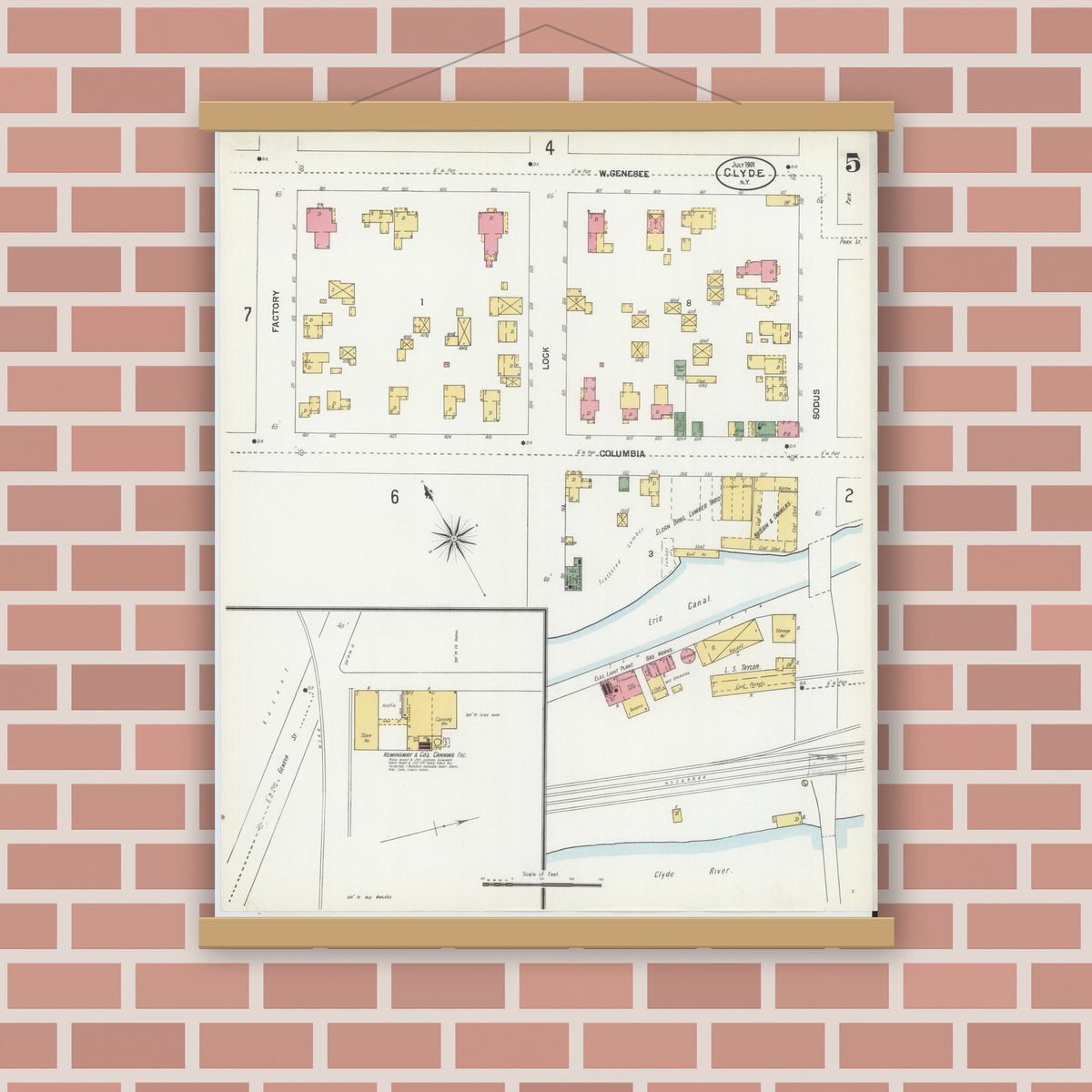 Old map wall art mockup — magnetic wood frame on brick wall — Sanborn Fire Insurance Map from Clyde, Wayne County, New York (1901), Sheet #0005