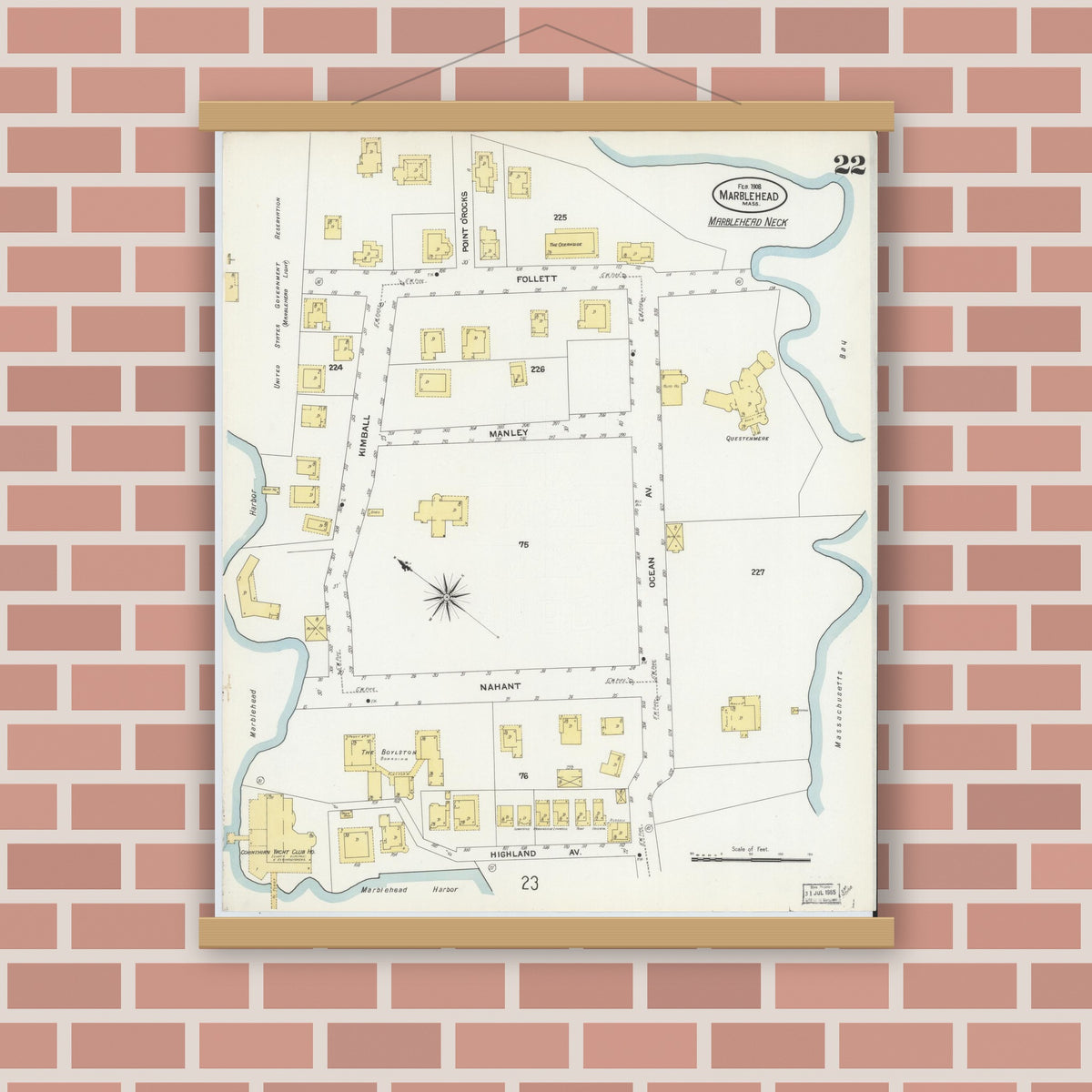 Old map wall art mockup — magnetic wood frame on brick wall — Sanborn Fire Insurance Map from Marblehead, Essex County, Massachusetts (1908), Sheet #0022