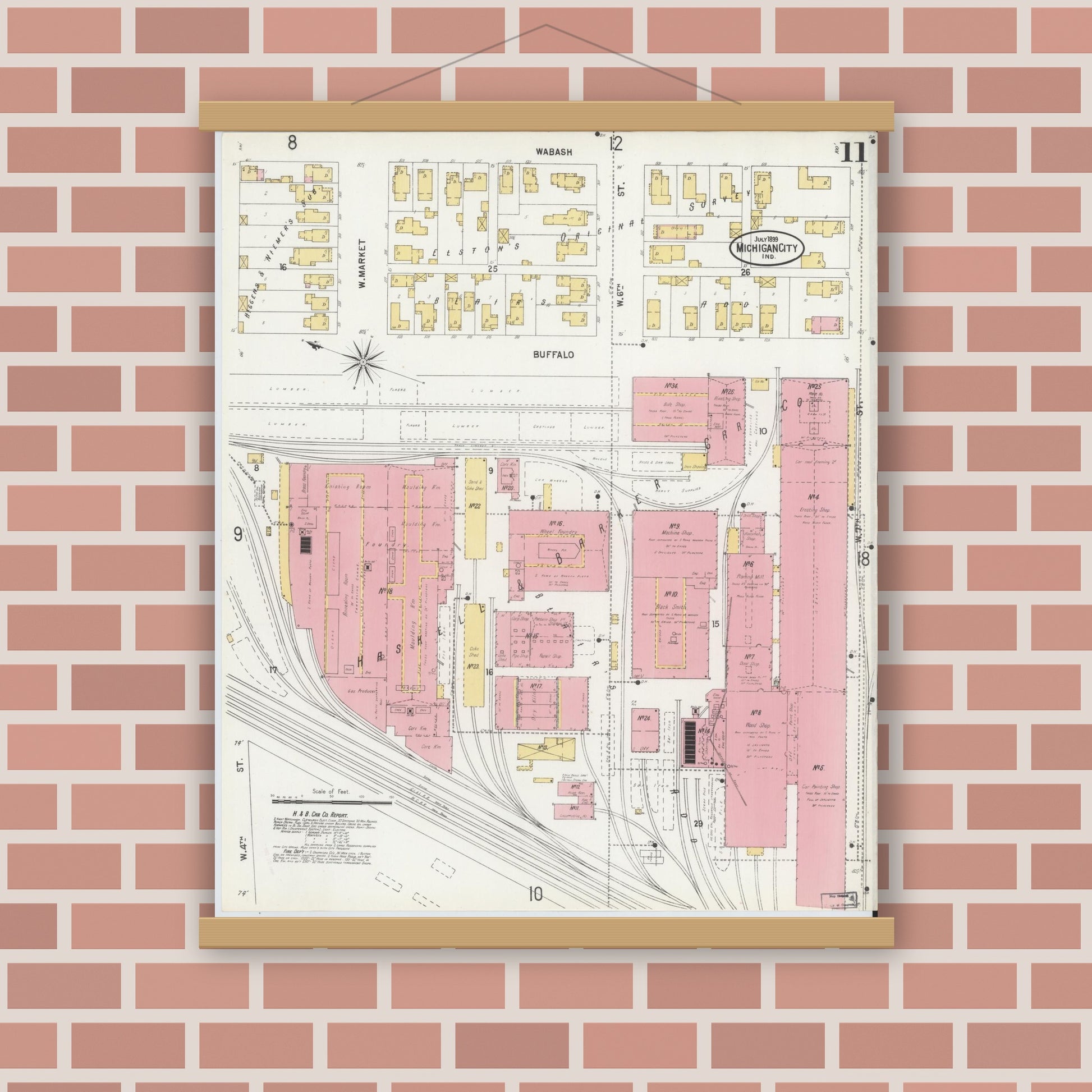 Old map wall art mockup — magnetic wood frame on brick wall — Sanborn Fire Insurance Map from Michigan City, La Porte County, Indiana (1899), Sheet #0011