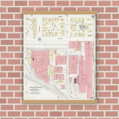 Old map wall art mockup — magnetic wood frame on brick wall — Sanborn Fire Insurance Map from Michigan City, La Porte County, Indiana (1899), Sheet #0011