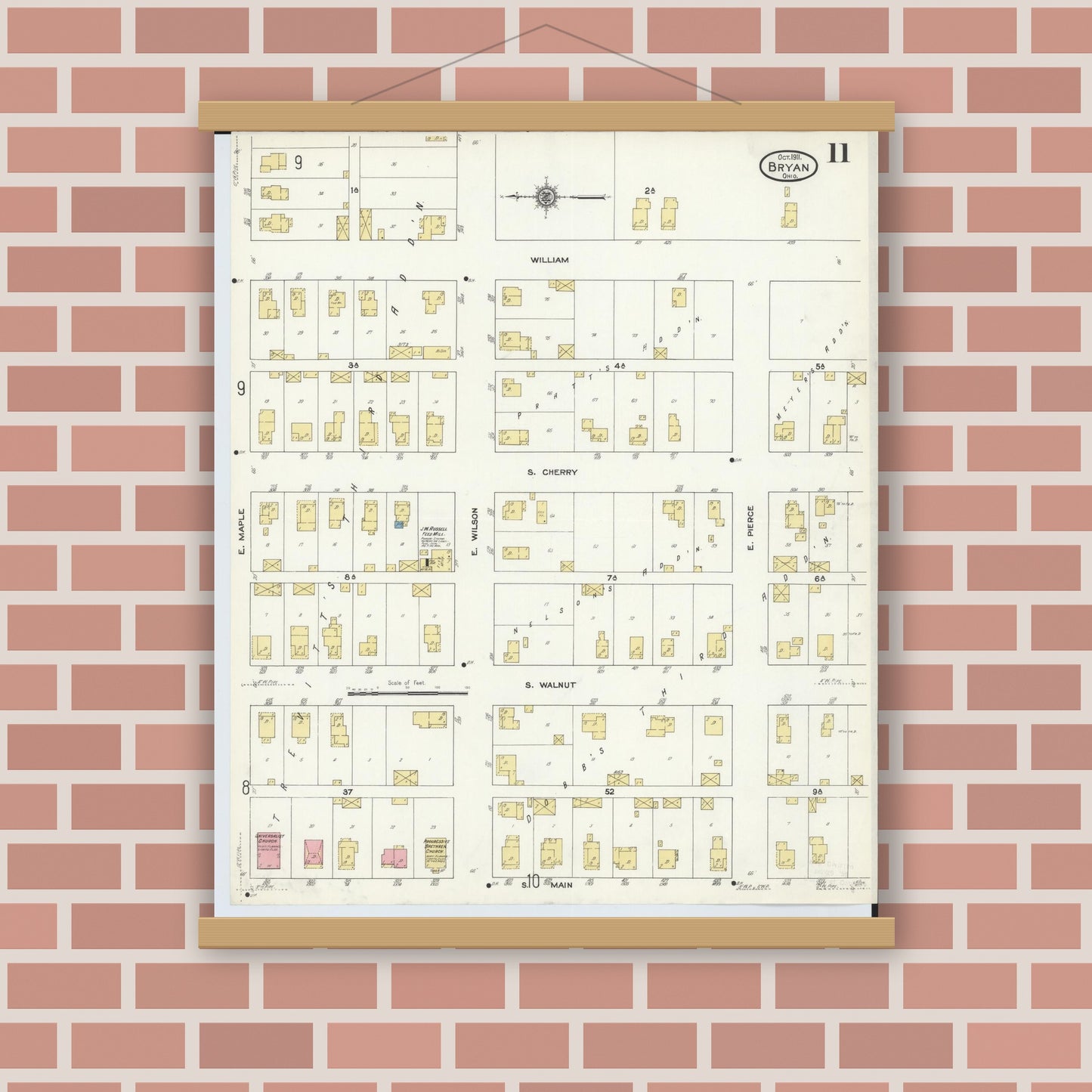 Old map wall art mockup — magnetic wood frame on brick wall — Sanborn Fire Insurance Map from Bryan, Williams County, Ohio (1911), Sheet #0011