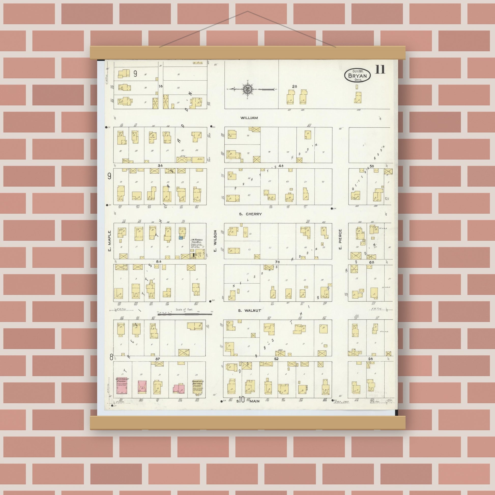 Old map wall art mockup — magnetic wood frame on brick wall — Sanborn Fire Insurance Map from Bryan, Williams County, Ohio (1911), Sheet #0011