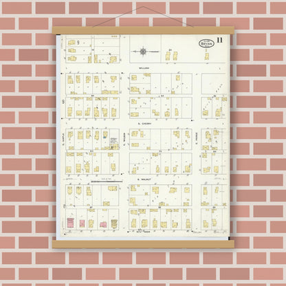 Old map wall art mockup — magnetic wood frame on brick wall — Sanborn Fire Insurance Map from Bryan, Williams County, Ohio (1911), Sheet #0011
