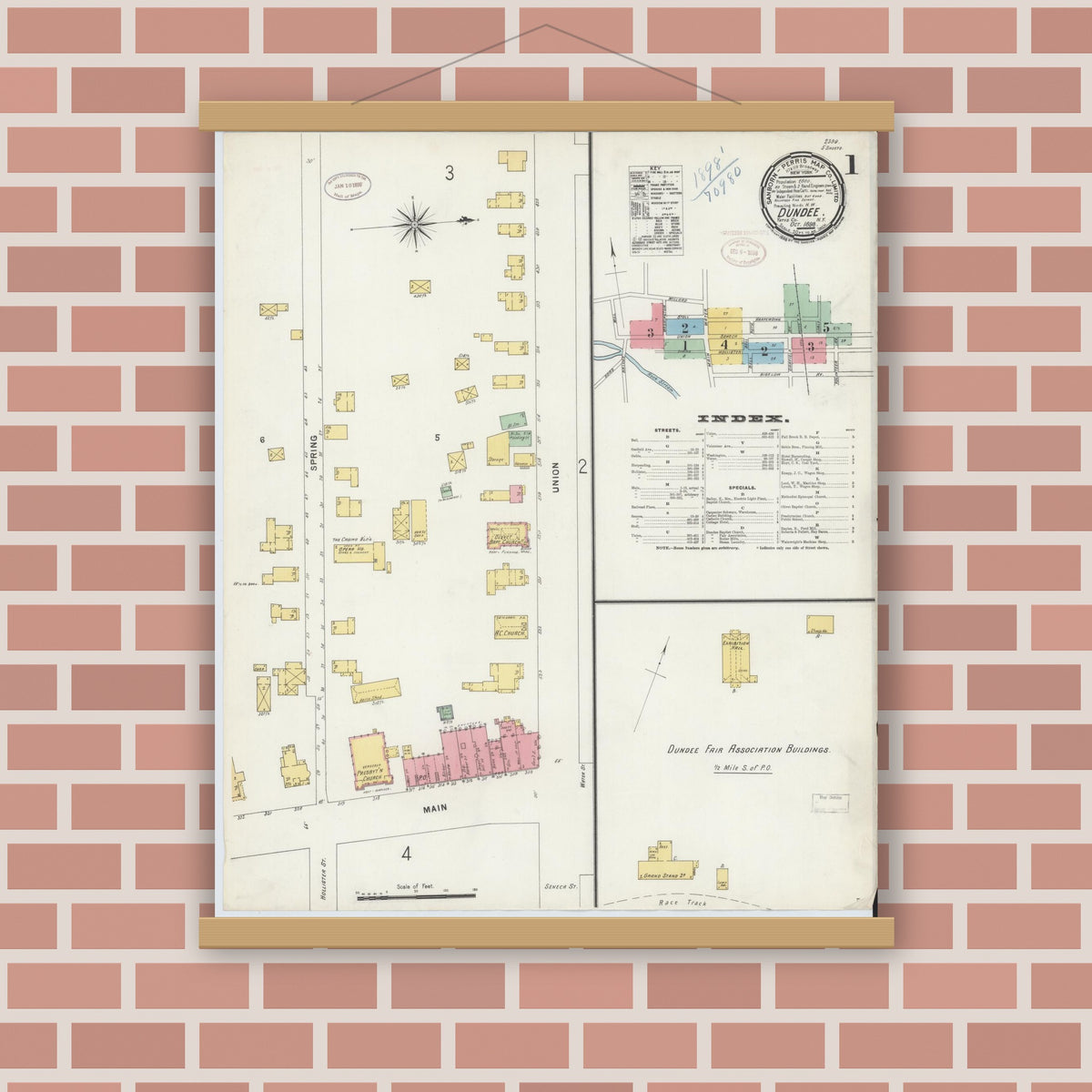 Old map wall art mockup — magnetic wood frame on brick wall — Sanborn Fire Insurance Map from Dundee, Yates County, New York (1898), Sheet #0001