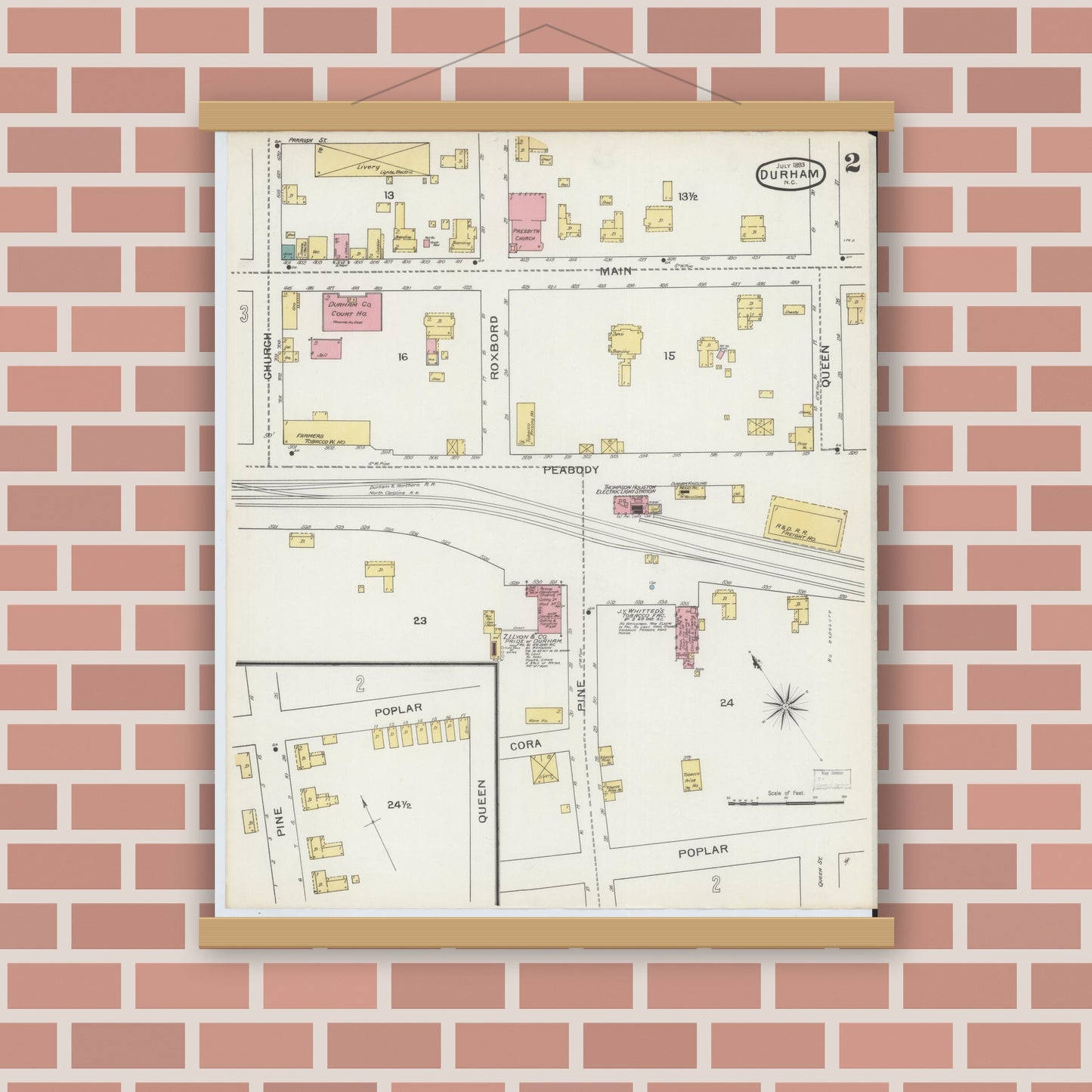 Old map wall art mockup — magnetic wood frame on brick wall — Sanborn Fire Insurance Map from Durham, Durham County, North Carolina (1893), Sheet #0002