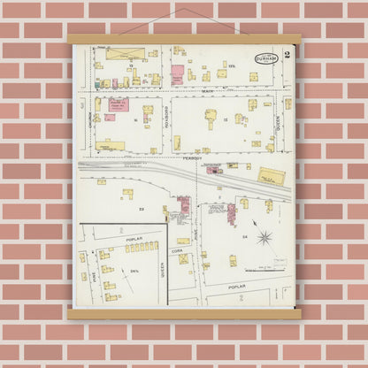Old map wall art mockup — magnetic wood frame on brick wall — Sanborn Fire Insurance Map from Durham, Durham County, North Carolina (1893), Sheet #0002