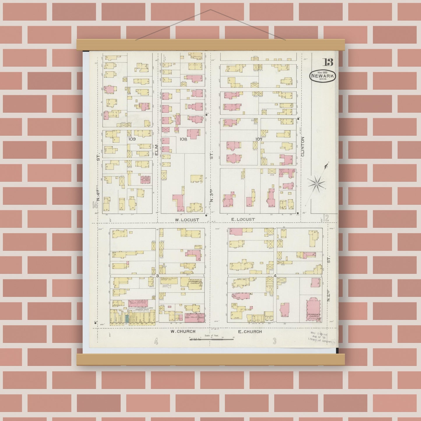 Old map wall art mockup — magnetic wood frame on brick wall — Sanborn Fire Insurance Map from Newark, Licking County, Ohio (1893), Sheet #0013