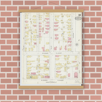 Old map wall art mockup — magnetic wood frame on brick wall — Sanborn Fire Insurance Map from Newark, Licking County, Ohio (1893), Sheet #0013