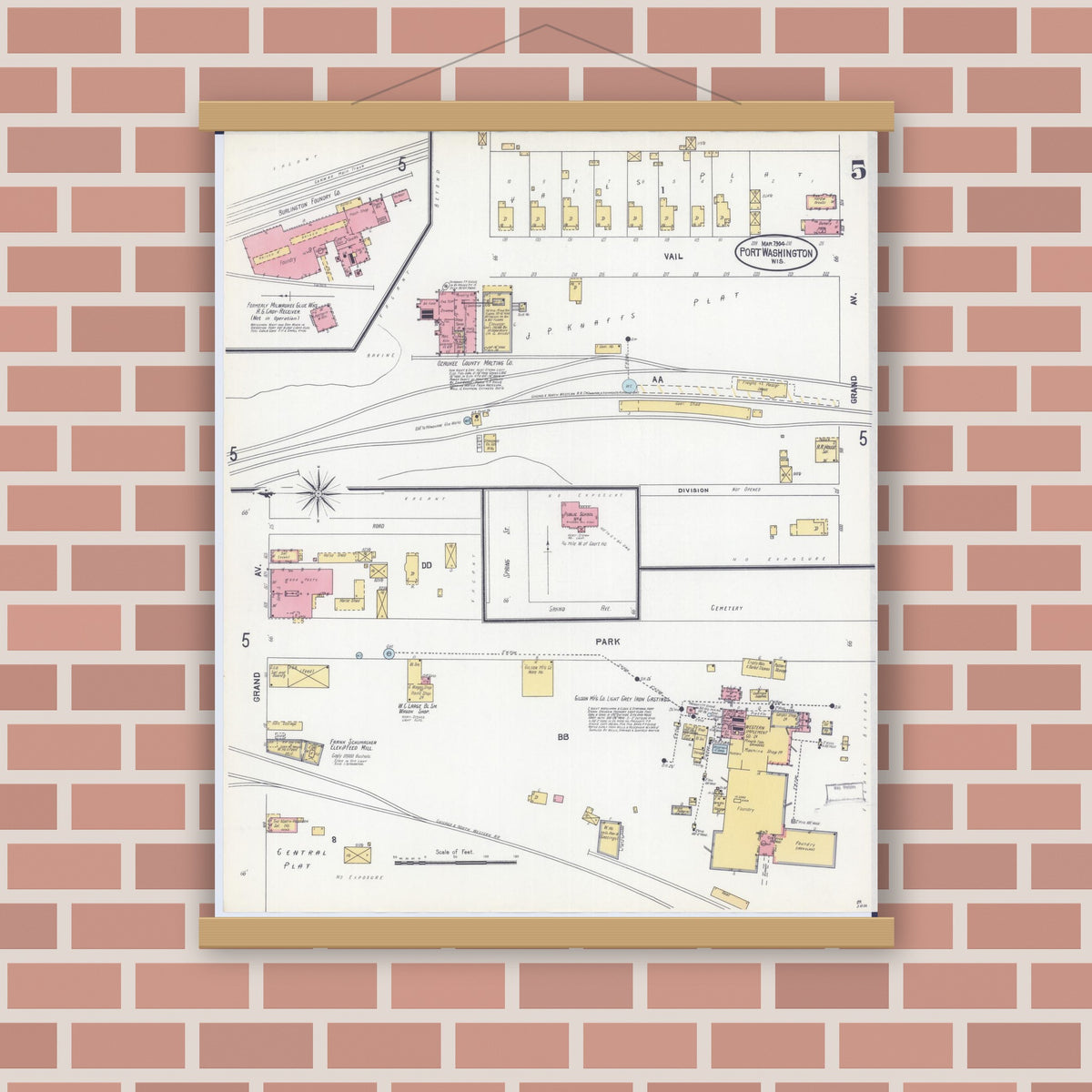 Old map wall art mockup — magnetic wood frame on brick wall — Sanborn Fire Insurance Map from Port Washington, Ozaukee County, Wisconsin (1904), Sheet #0005