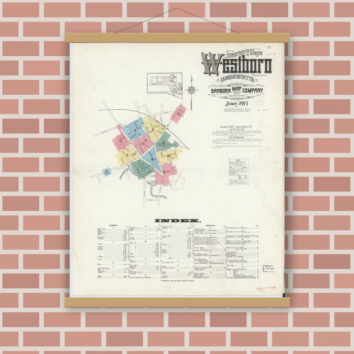 Old map wall art mockup — magnetic wood frame on brick wall — Sanborn Fire Insurance Map from Westboro, Worcester County, Massachusetts (1913) - Complete Map Set