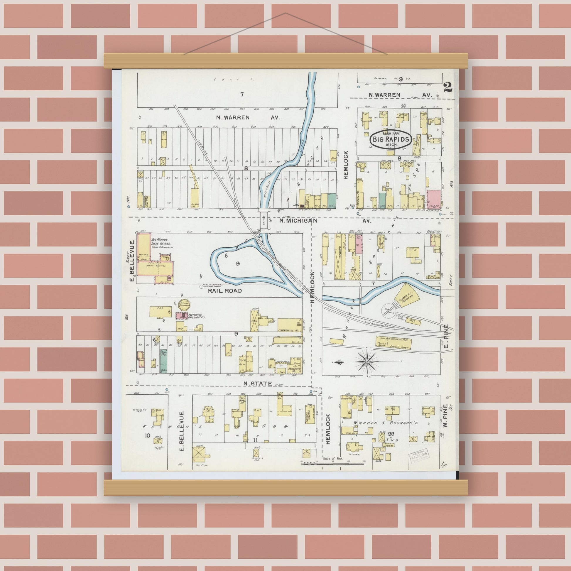 Old map wall art mockup — magnetic wood frame on brick wall — Sanborn Fire Insurance Map from Big Rapids, Mecosta County, Michigan (1892), Sheet #0002