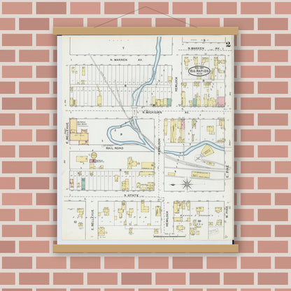 Old map wall art mockup — magnetic wood frame on brick wall — Sanborn Fire Insurance Map from Big Rapids, Mecosta County, Michigan (1892), Sheet #0002