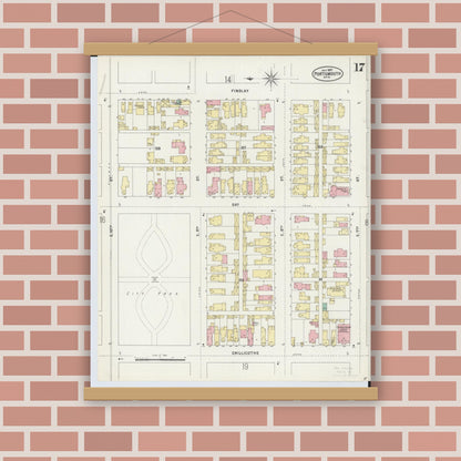 Old map wall art mockup — magnetic wood frame on brick wall — Sanborn Fire Insurance Map from Portsmouth, Scioto County, Ohio (1897), Sheet #0017